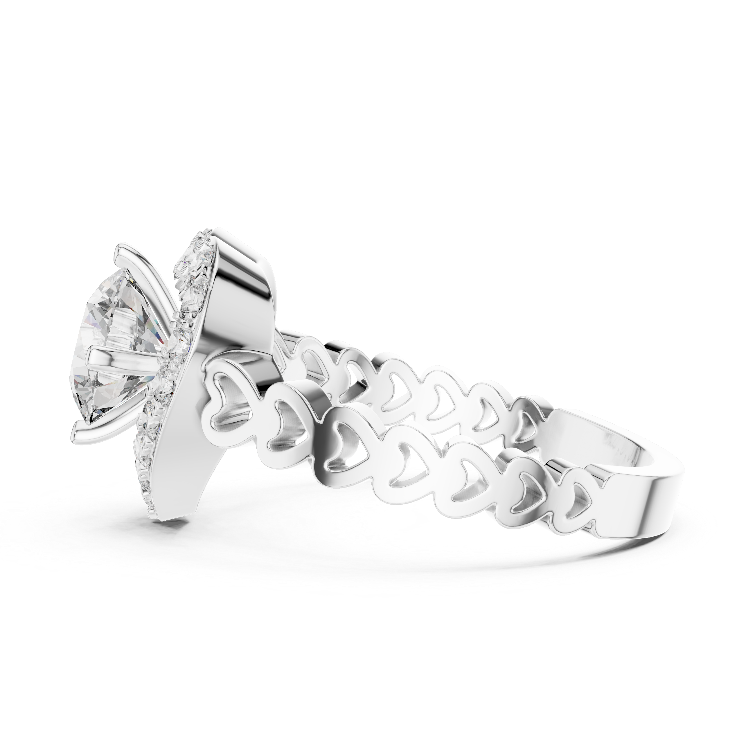 Silver earring with heart design on a white background